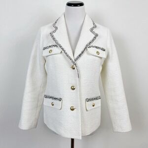 Talbots Women's TWEED FRINGE JACKET Cream Gray Sz 8P Gold Button Work Business